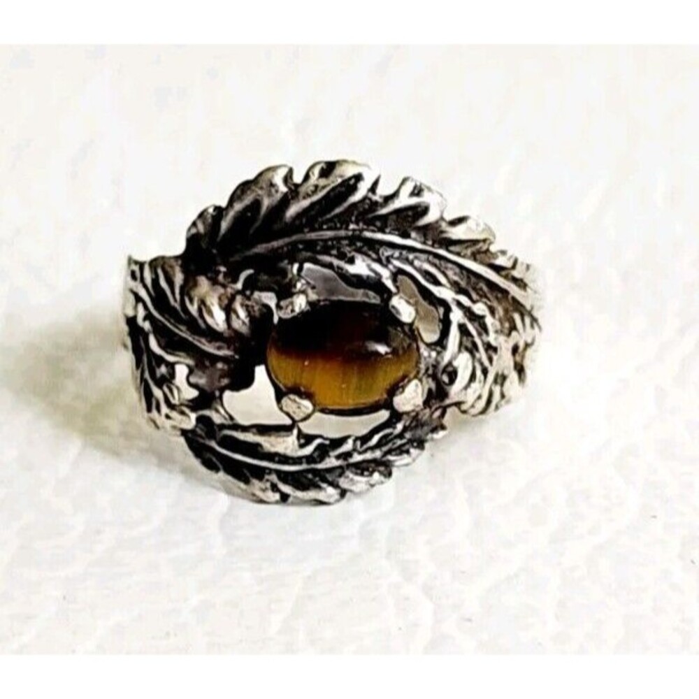 Vintage Tiger's Eye Cabochon Ring Sterling Silver Size 9, 3.9g